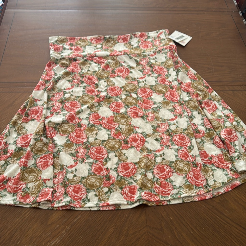 New Lularoe Azure A Line Floral Print Skirt 3x Pink White Tan Green Rose Knit